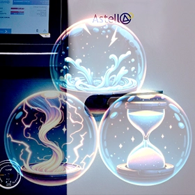 3 spheres repesenting time, energy, and water in front of an AMB autoclave