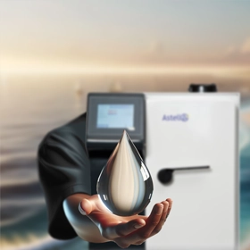 Anthropomorphized AMB autoclave holding a water droplet