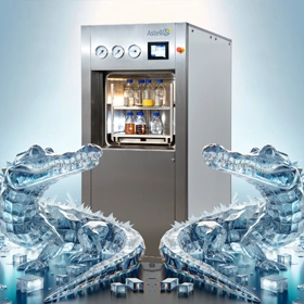 Ice sculptures of crocodiles in front of a square chambered autoclave