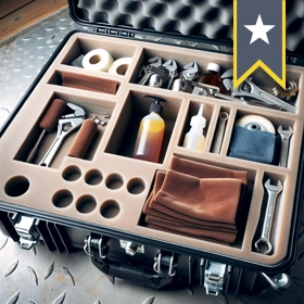 A flight case of tools and cleaning equipment