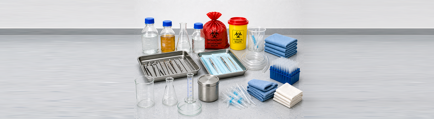 A selection of items that are commonly steam sterilized in an autoclave.