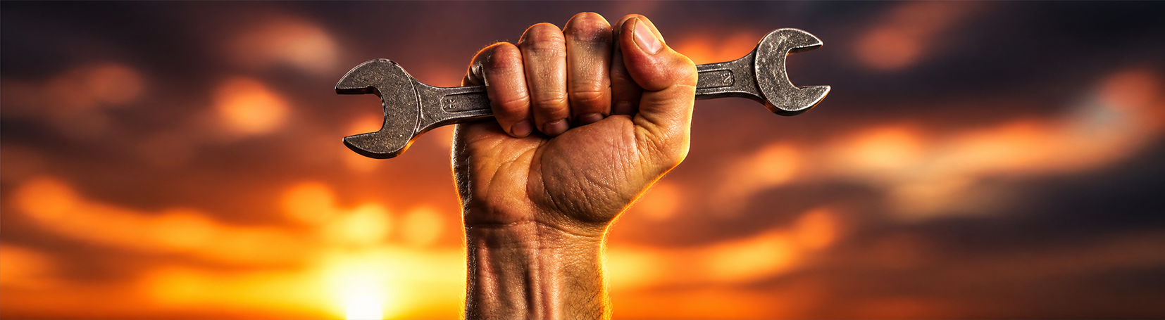 A hand holding a spanner.