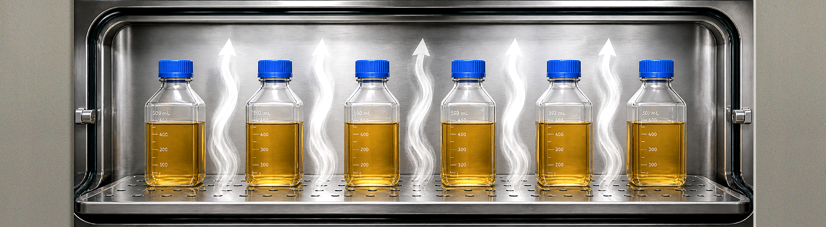 An autoclave chamber with bottles, and arrows of steam travelling between them.