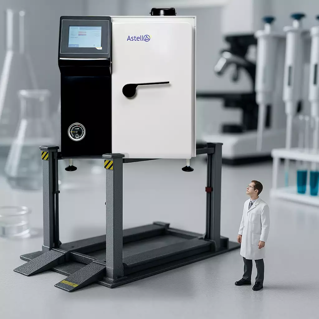 A tiny lab tech looks up at an autoclave raised up on a tiny maintenance lift