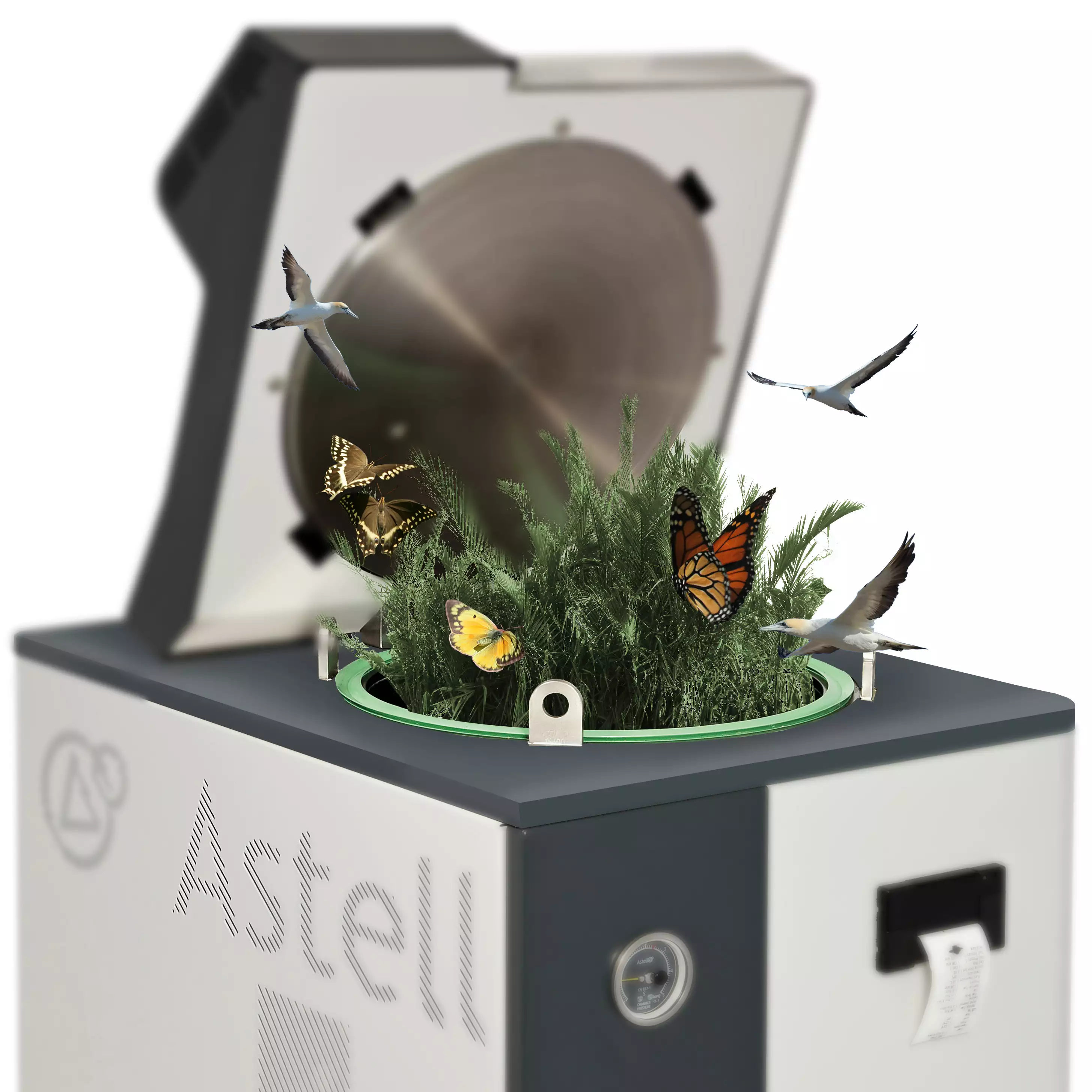 An Astell Compact toploading autoclave displaying greenery, birds and butterflies protruding from the chamber