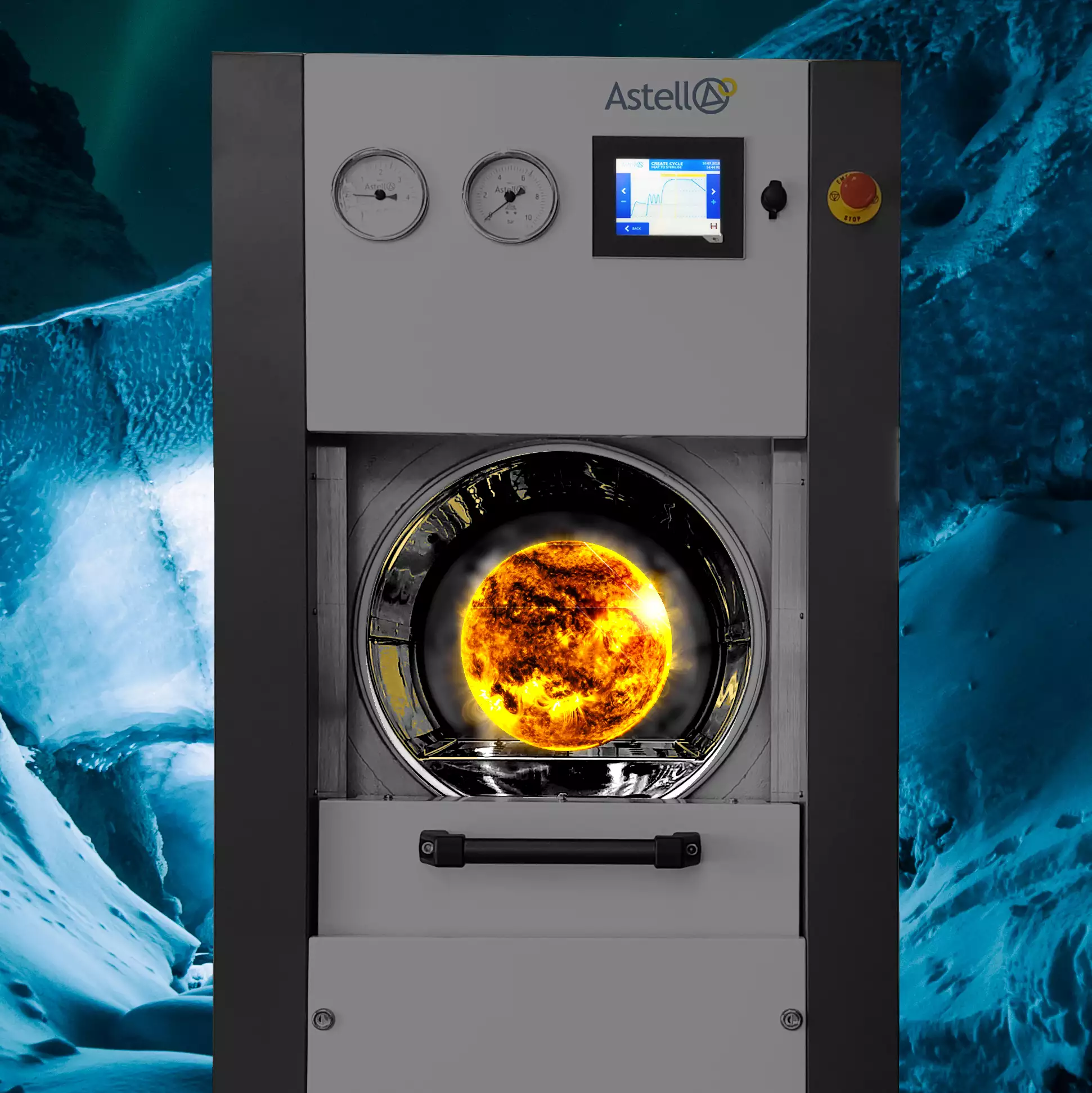 Autoclave with polar landscape outside and the sun inside