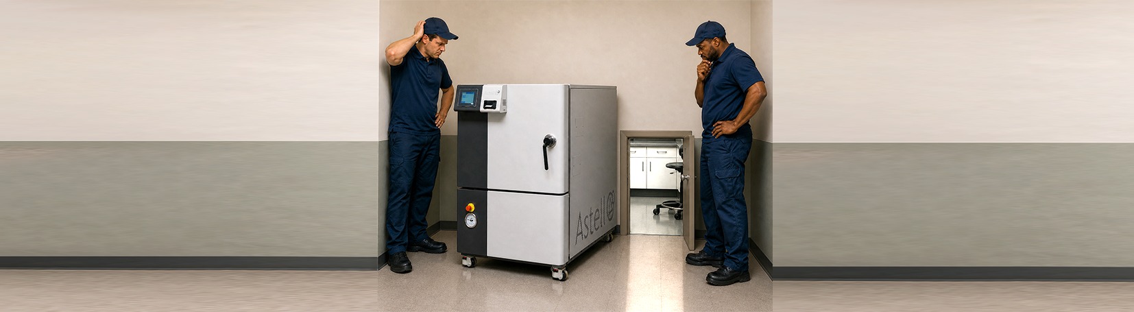 Two deliverymen ponder how to get an autoclave through a tiny door.